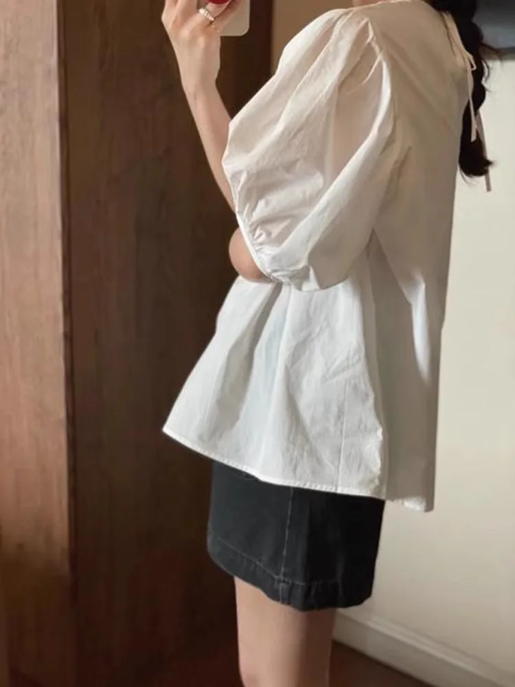 الأبيض جولة Ne مطوي فقاعة ort Sve irt المرأة الصيف رقيقة دمية irt فضفاض التخسيس رداء علوي غير رسمي تخفيف Sle