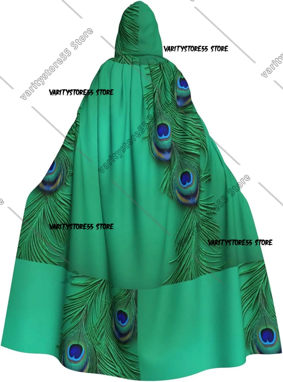 Green Peacock Feather Print Unisex Hooded Cape Perfect for Halloween Role Play Costumes