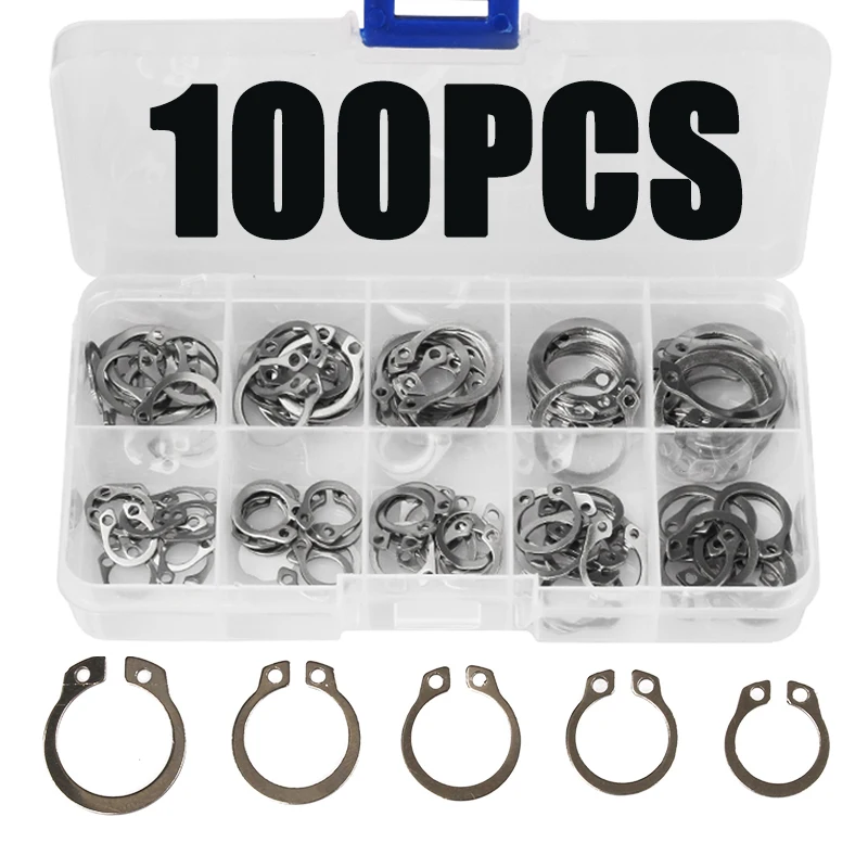 100 pces circlip conjunto externo/interno de retenção e-tipo cir clip lock snap ring conjunto furos eixo colarinho arruela aço inoxidável