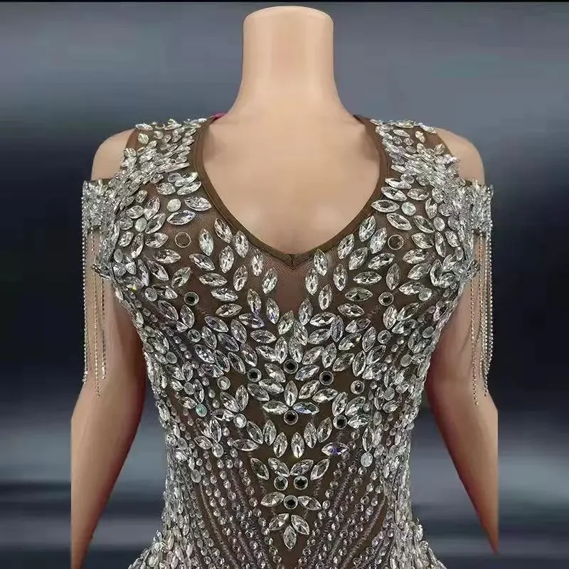 夏のラインストーン付きプロムドレス セクシーな女性用ボディコンVネックミニラグジュアリーパーティー クラブドレス