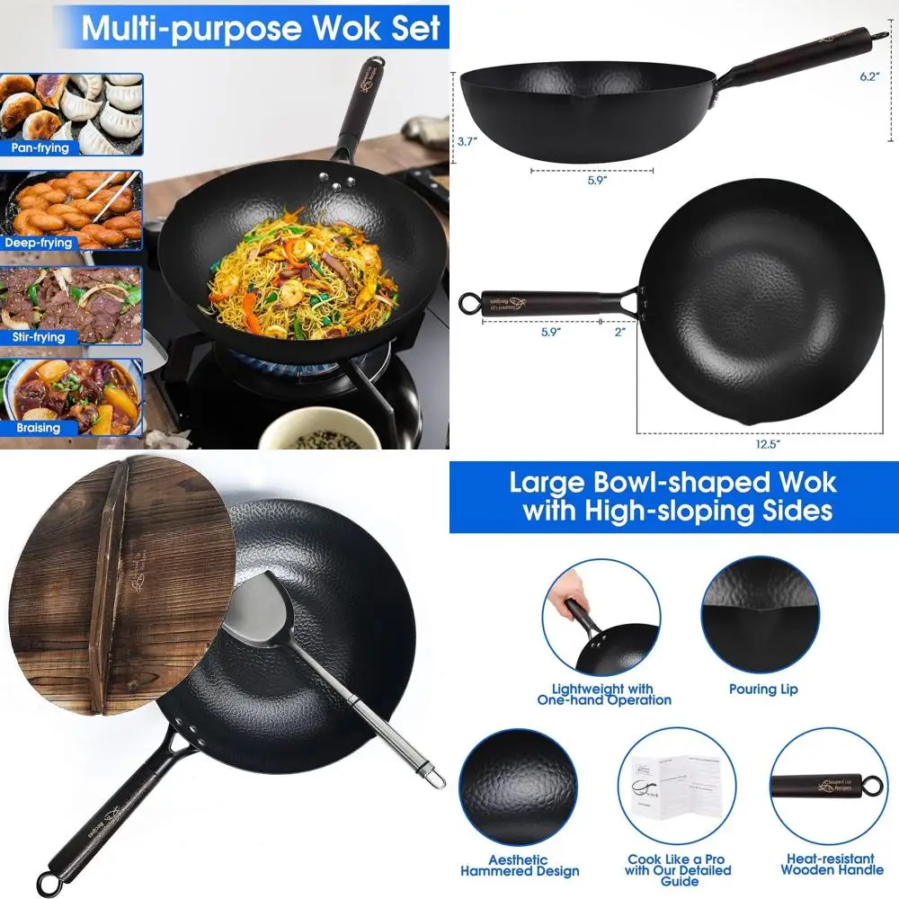

12.5 Carbon Steel Wok with Lid, Spatula & Guide - Compatible with Electric, Induction, Gas Stoves