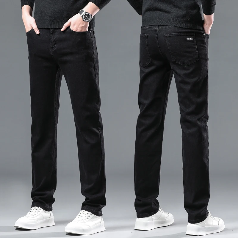 Pantalones vaqueros de lana de invierno para hombre, pantalones vaqueros informales de negocios cálidos de pierna recta de terciopelo clásico, pantalones de trabajo negros a la moda