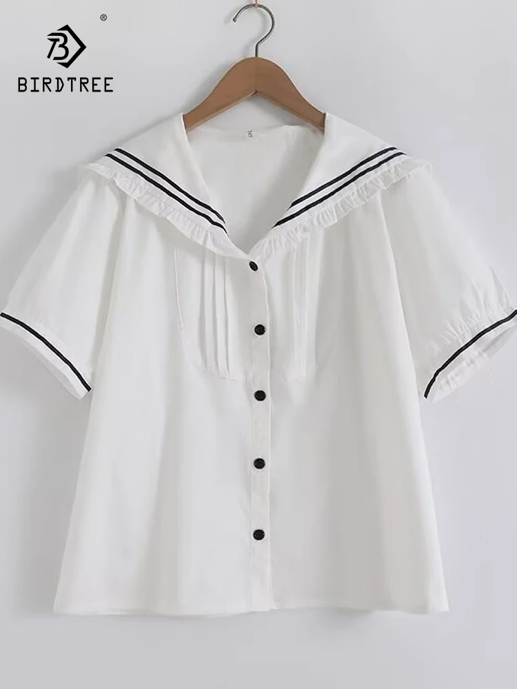 

New 2025 Autumn Cotton Short Sleeve Shirt, Women Sailor Collar Striped Buttons, Mori Girl Versatile Chic Loose Blouse T59181CC