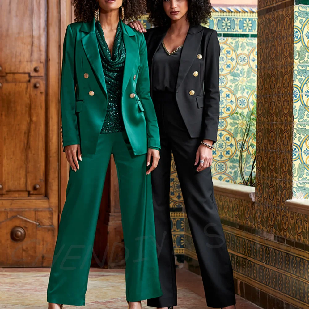 Chic Satin Women Suit Solid Color Glitter Straight Notch Lapel Unique Casual Daily Female Outfit Jacket Pants Customized