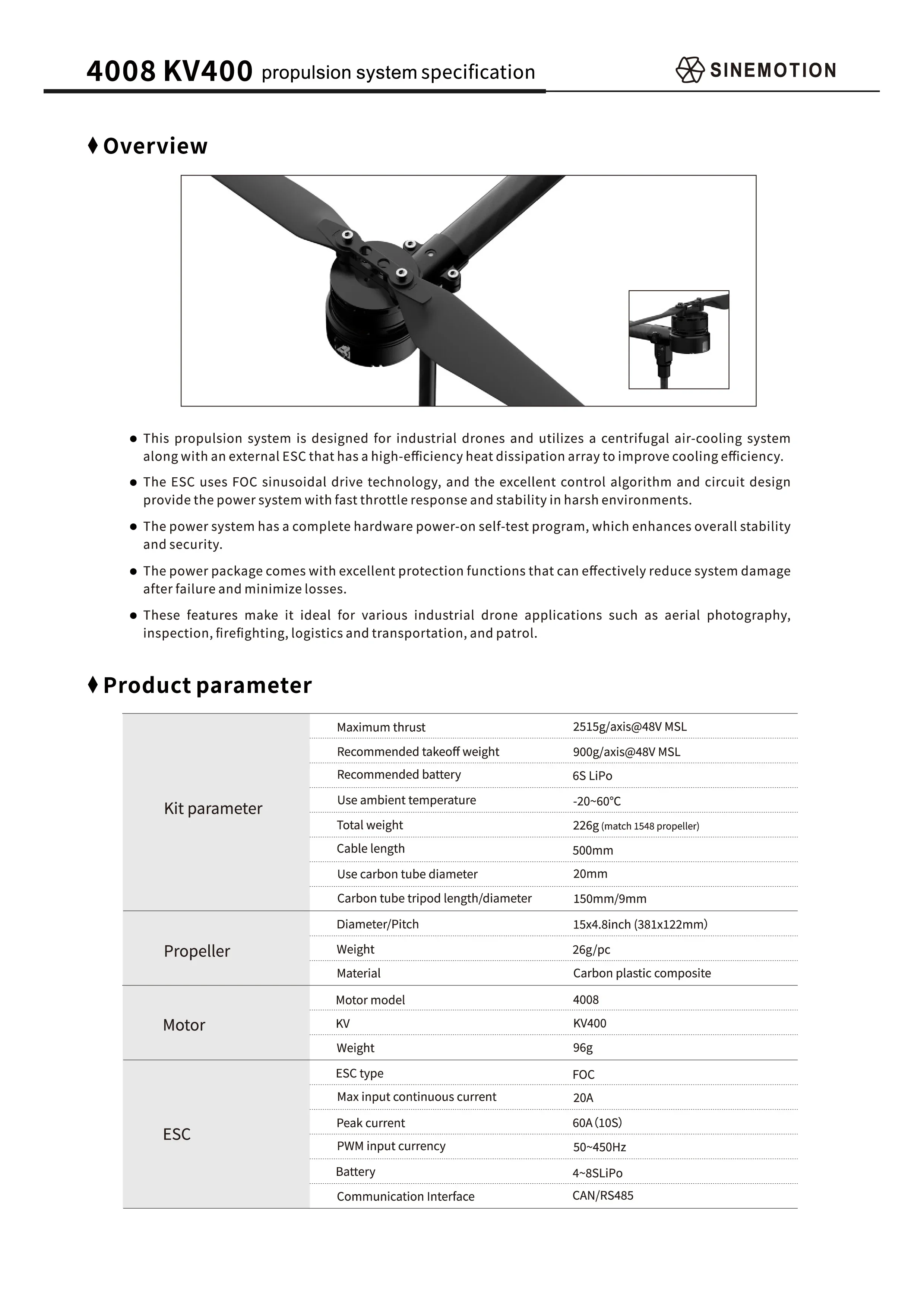 4008 Arm Set 15x4.8Inch Propeller 2515g Max Thrust 400KV Motors 20A FOC ESC 6S LiPo Filmmaking FPV Racing and Agricultural