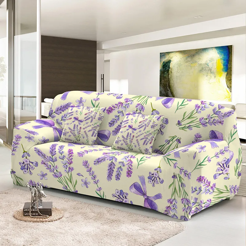 Purple Flowers Elastic Couch Cover 1/2/3/4 Seater Lavender Slipcover Washable Stretch L Shape Sectional Sofa Covers