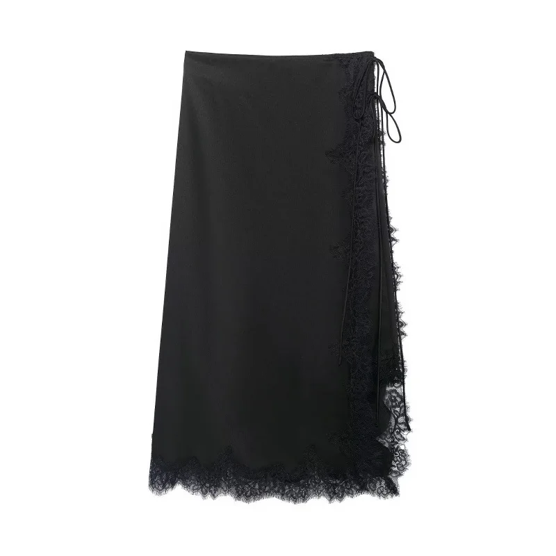 

Women's 2026 Spring Lace Trimmed Satin Split Midi Skirt