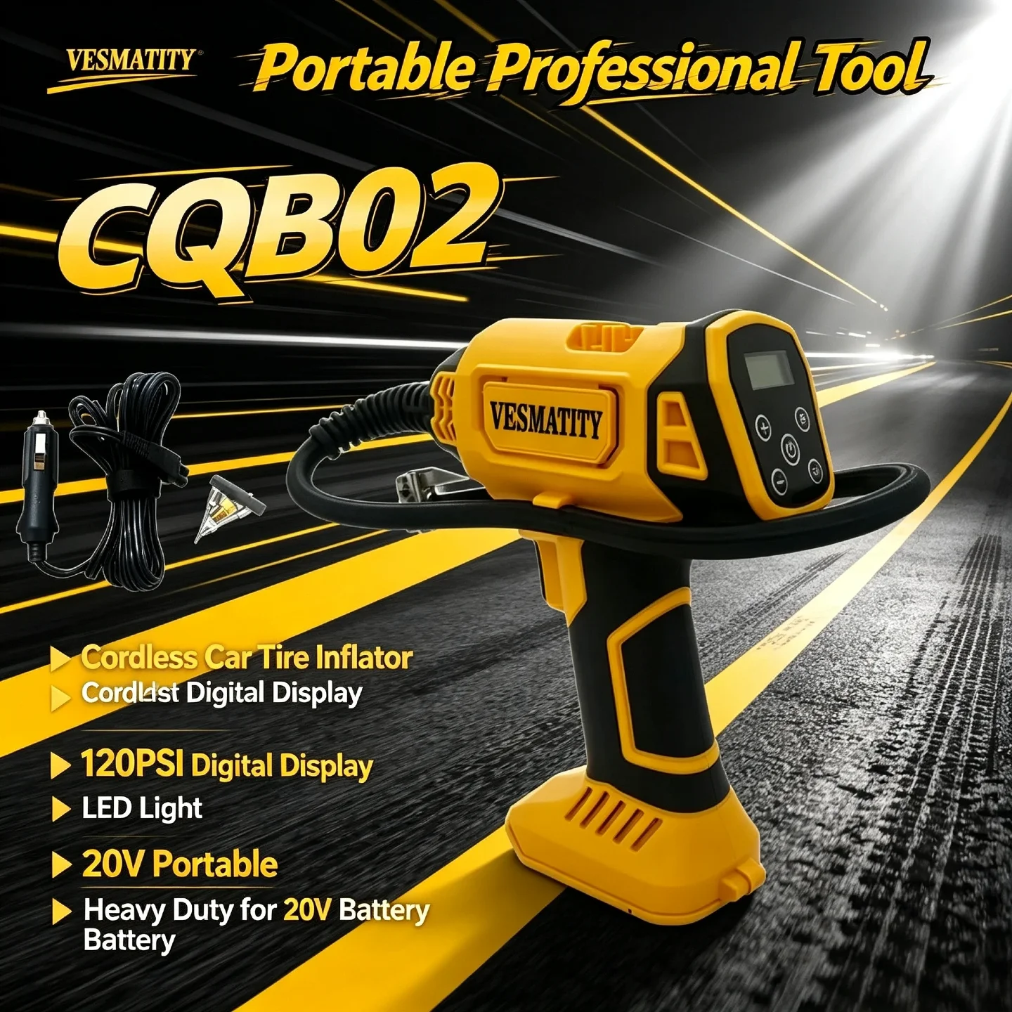 VESMATITY CQB02 Cordless Car Tire Inflator 120PSI Digital Display LED Light 20V 25-Cylinder BL Motor for Car Bike Ball 100% New
