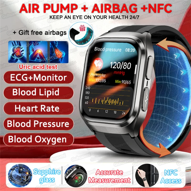 

Air Pump Airbag Health Smart Watches Men Sapphire Screen Accurate Measure Blood Pressure Lipid Uric Acid NFC ECG Smartwatch 2025