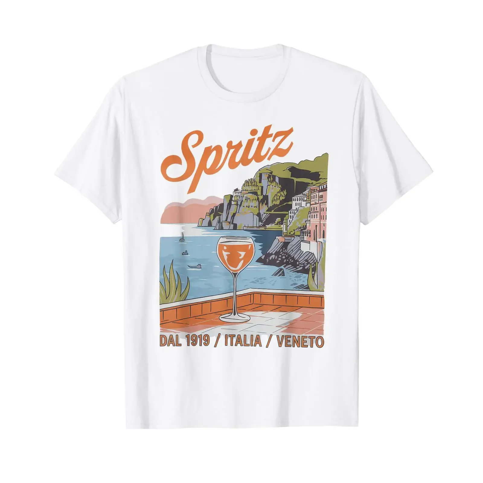 Camiseta Spritz Veneto Italia Vintage, color naranja, con diseño de cóctel de vino, estilo vintage, ligeramente lavado, ropa de diseñador, elegante, suave, informal.