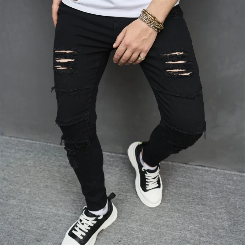 Jeans Men's European and American Men's Jeans Ripped Locomotive Pleated Pants Trendy Men's Classic