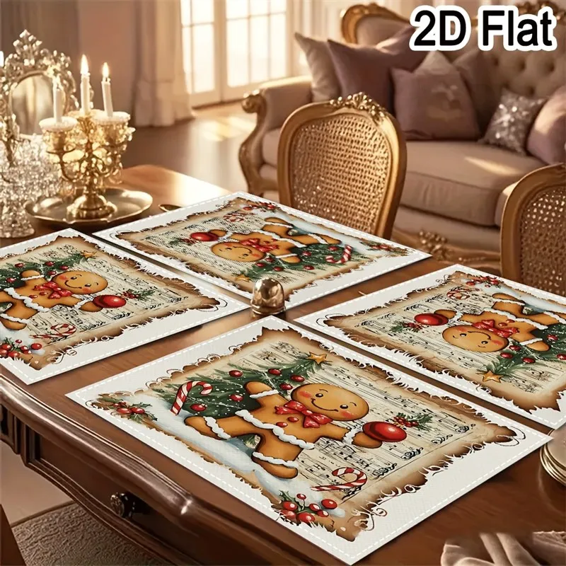 VIKAMA Christmas Linen Placemats, Vintage Gingerbread Man Candy Cane Sheet Music, Washable Durable, Holiday Kitchen