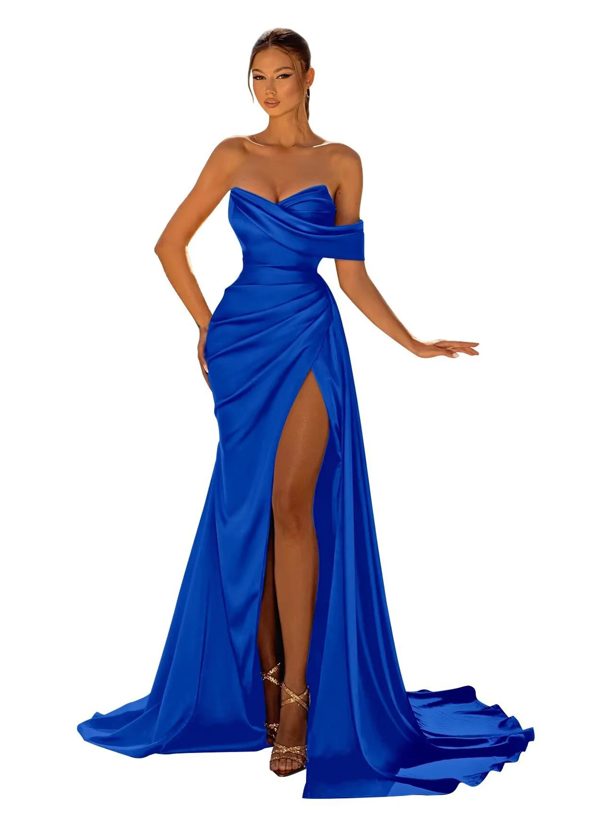

Long Mermaid Prom Dresses Satin with Slit Strapless Sweep Train Cocktail Party Formal Evening Gown robe de soiree