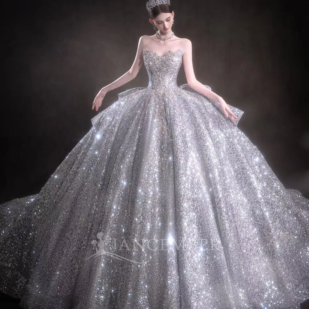 

Glitter International Wedding Dress Sequin With Beading Ruffles Ball Gown Sleeveless Strapless Bride Customized Vestido De Novia