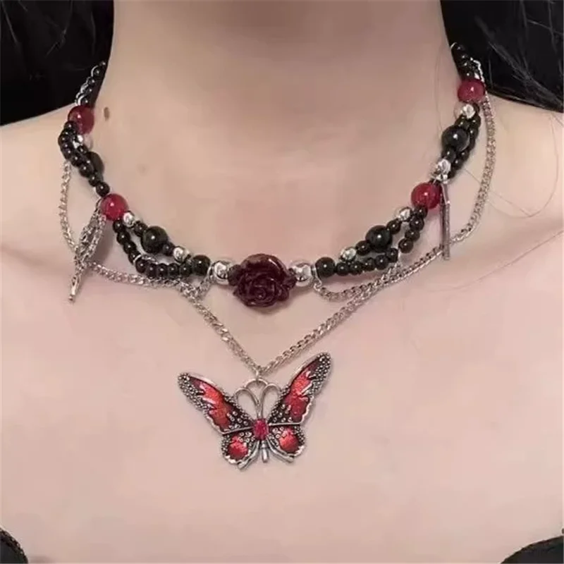 القوطية Y2K الأحمر فراشة شرابة سلسلة قلادة مطرز المختنق سلسلة قلادة للنساء Egirl هالوين حُليات المجوهرات والاكسسوارات #4