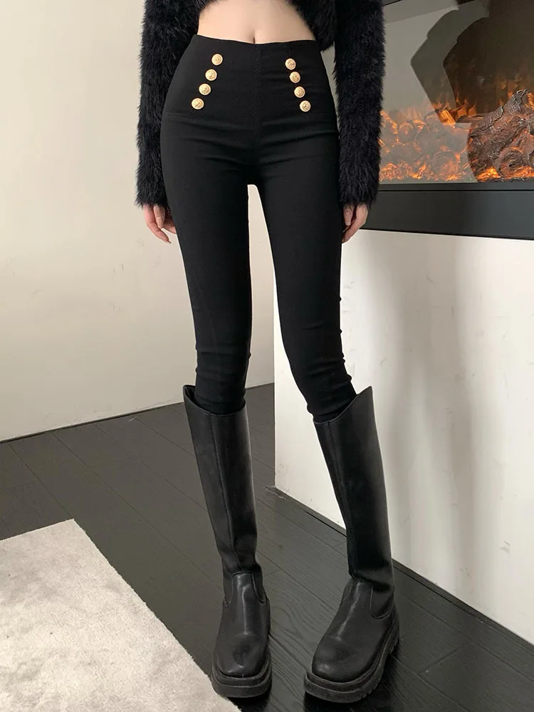 Fashion women's trousers 2023 Spring autumn high-elastic double-breasted tight-fitting high-waisted slimming pants Women's pants