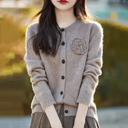 Spring Autumn Women's 2024 New Splicing O-Neck Button Tie Flowers Fashion Solid Loose Sweater Casual Long Sleeve Knitted Top
