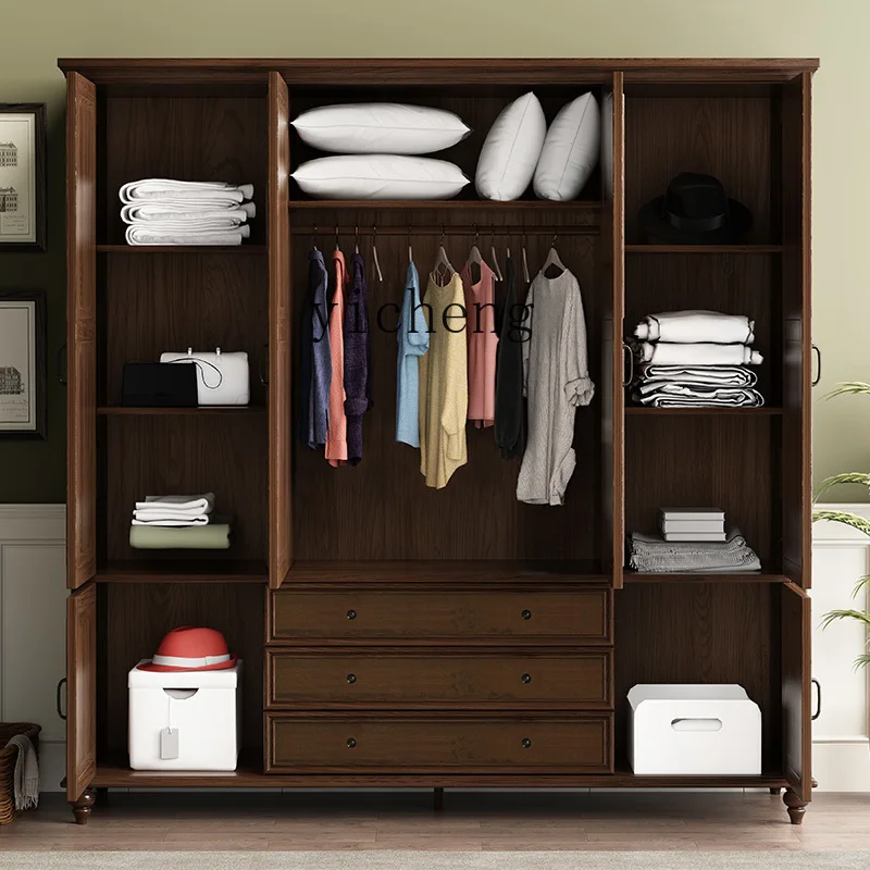 

ZZ all solid wood three-door wardrobe bedroom black walnut retro four-door wardrobe two-door storage