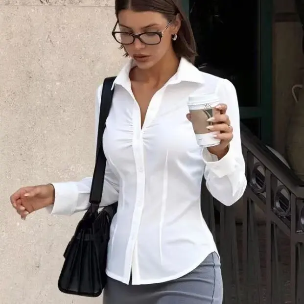 Faionable Long Sve col plissé femmes irt coupe ajustée fibre de Polyester trajet Sle automne hiver nouveauté