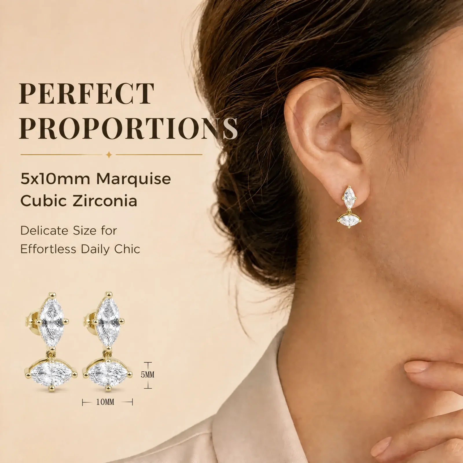 Moonmory Minimalistisches, einzigartiges Design, doppelte Marquise-Ohrstecker für Damen, 5A Kubikzirkonia, 5x10mm, 14k doppelt vergoldet – Detail 3