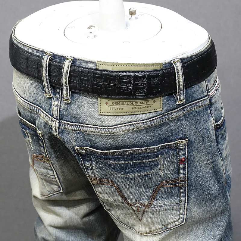 Italian Style Fashion Men Jeans High Quality Retro Washed Blue Stretch Slim Fit Ripped Jeans Men Vintage Designer Denim Pants