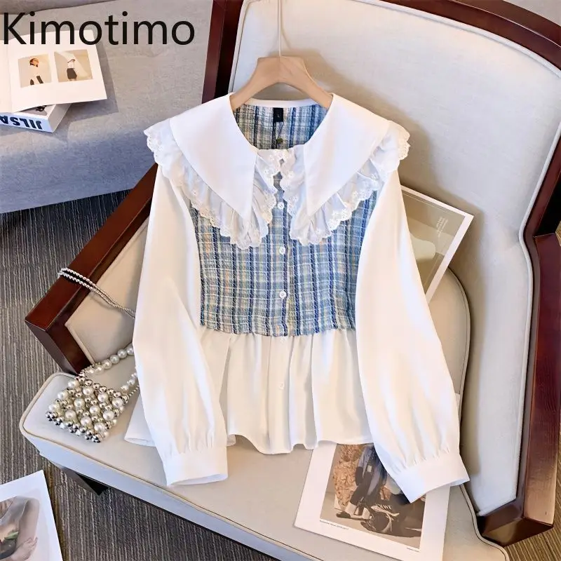Kimtiendra mo-Faux chemisier deux pièces en dentelle pour femme, col claudine, patchwork, tweed, manches longues, printemps, doux, décontracté, Y-2025