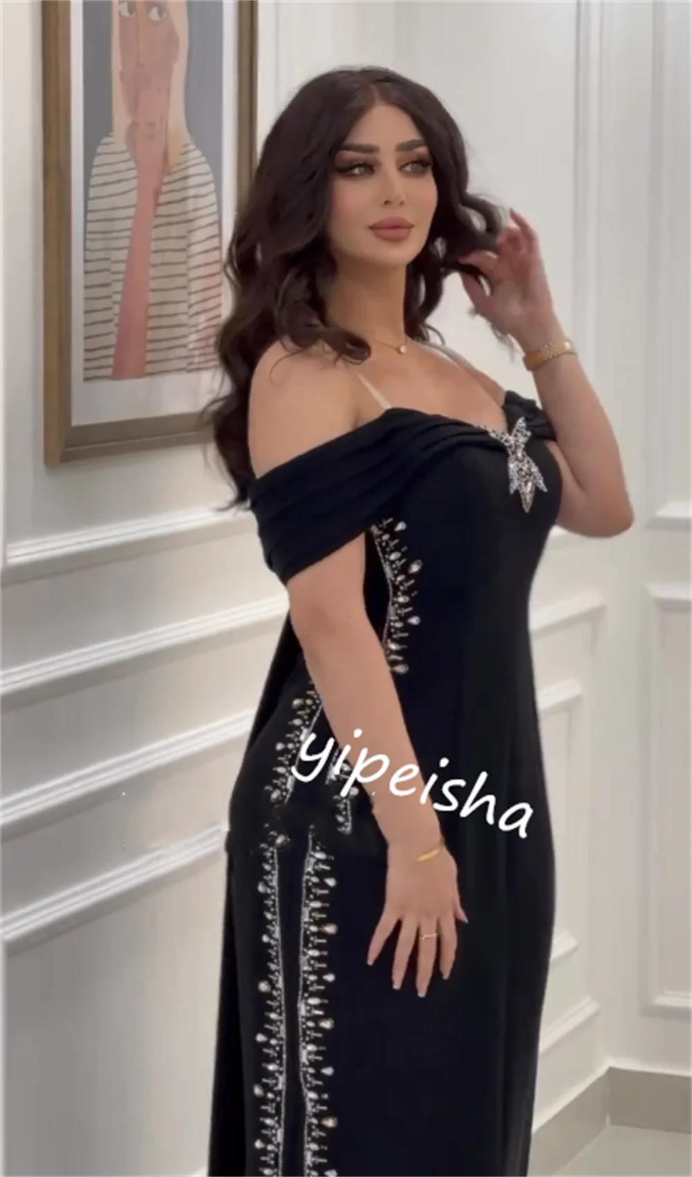  Evening Saudi Arabia Jersey Rhinestone Beach Sheath Spaghetti Strap Bespoke Occasion Gown Midi Dresses