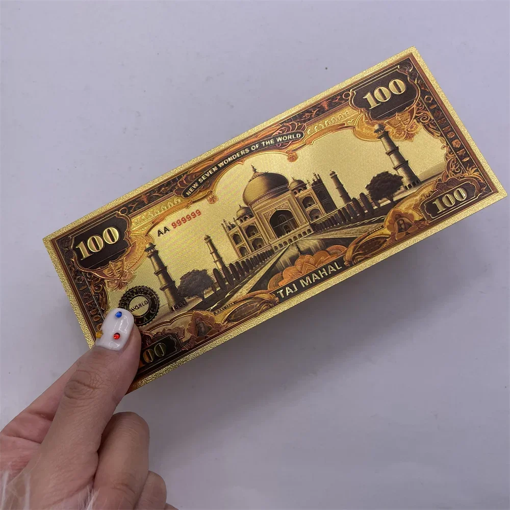 مجموعة الأوراق النقدية المصنوعة من رقائق الذهب سبعة عجائب لعام 2025 (تاج مهال والكولوسيوم والمزيد) - هدية 100 دولار