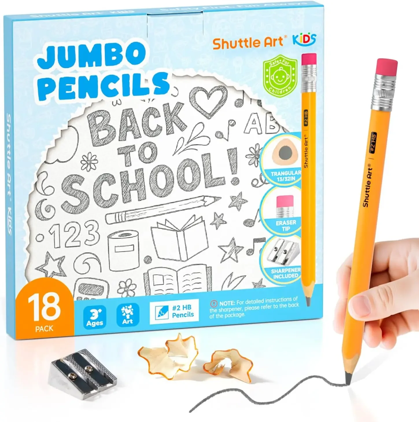 

18 Pack Triangle Jumbo Pencils #2 HB Pre-sharpened with Erasers & Sharpener for Kids Ages 4-8 Kindergarten School Supplies