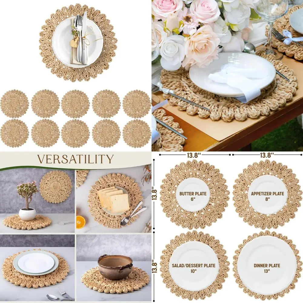 

Набор из 10 плетеных круглых салфеток из кукурузной шелухи — плетеные салфетки в стиле бохо для фермерского дома — коврики из ротанга, похожие на воду гиацинт для дина