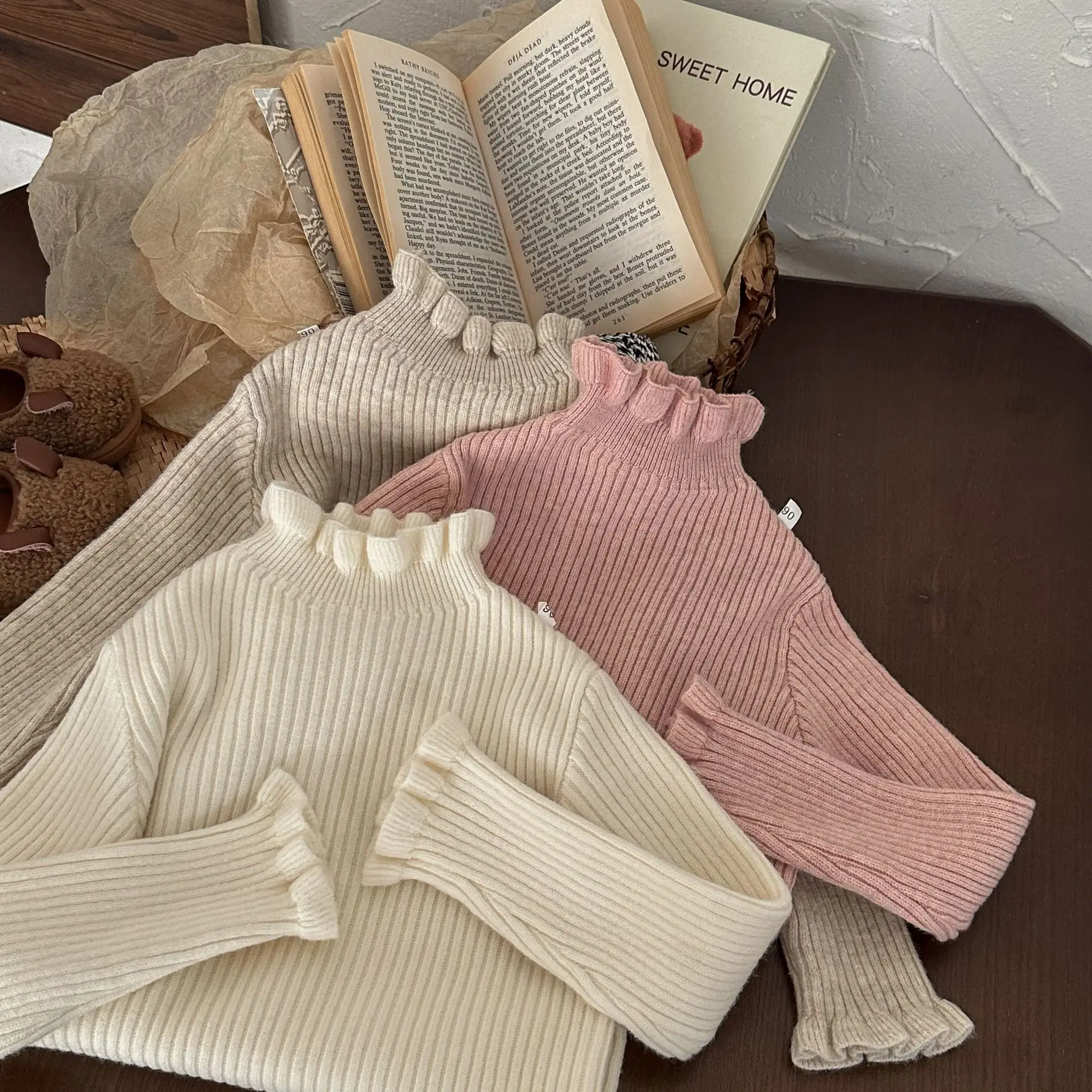 Kids Sweater Autumn Winter New Kids Pure Color Versatile Base Layer Girl Kids Warm Ruffled Edge Soft Knit Sweater