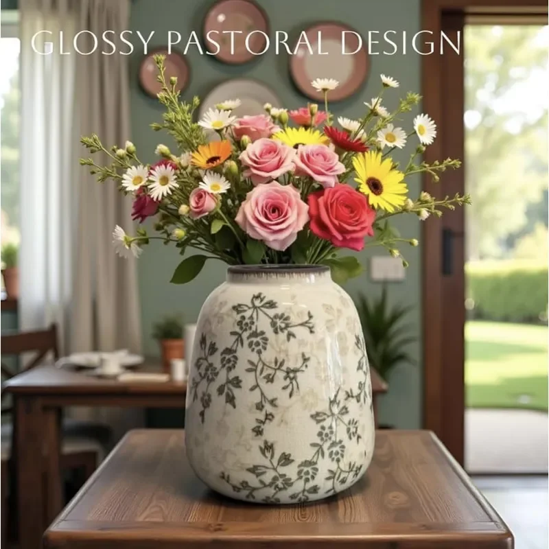 for Retro Ice Crack Ceramic Vase Ornament for Dining Table Living Room Water Flower Arranger Dried Flower Decoration