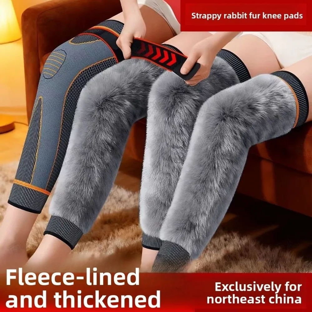 Imitation Otter Rabbit Hair Warm Knee Pads with Straps Winter Warm Cold-proof Plush Thick Knee Protector Multi-functional