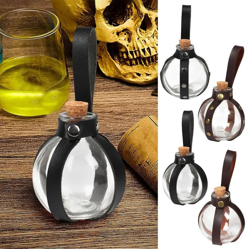 Glass Bottle with Cork Top Faux Leather Belt Bottle Medieval-inspired Halloween Potion Bottles with Faux Leather for Costume