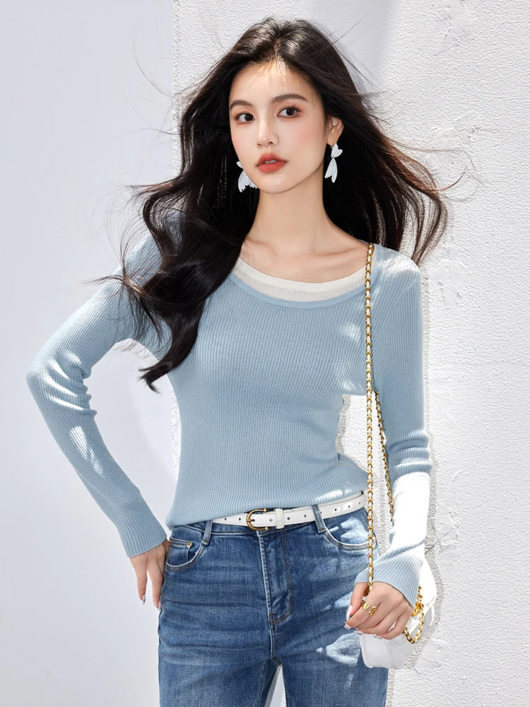 Women Fashion Knitted Sweater 2024 Autumn Winter Fake Two Piece Contrasting Color Slim Fit Knitted Sweater Long Sleeve Top