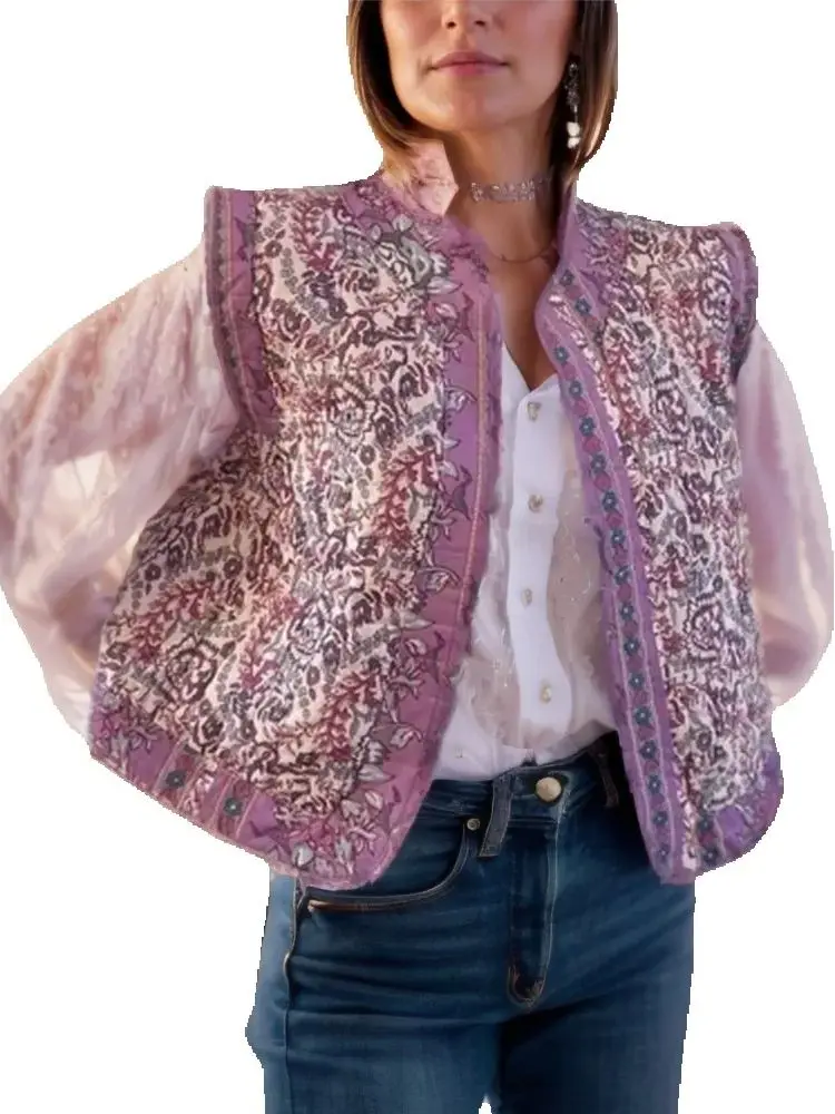 

Осень 202, женские стеганые жилеты без рукавов во французском стиле ретро в этническом стиле с круглым вырезом, женские универсальные короткие стеганые жилеты с цветочным принтом