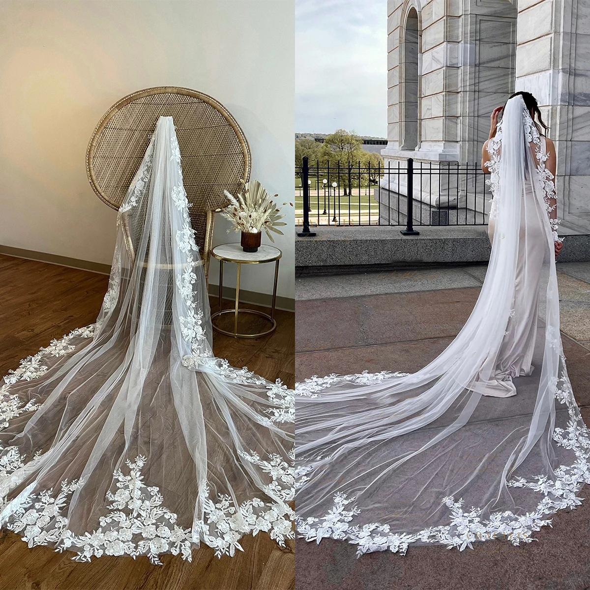 

Elegant Cathedral Lace Applique Wedding Veil One-Layer 2-3 M Long Bride Veil Lace Edge Sequined Dust Tulle Bridal Veils