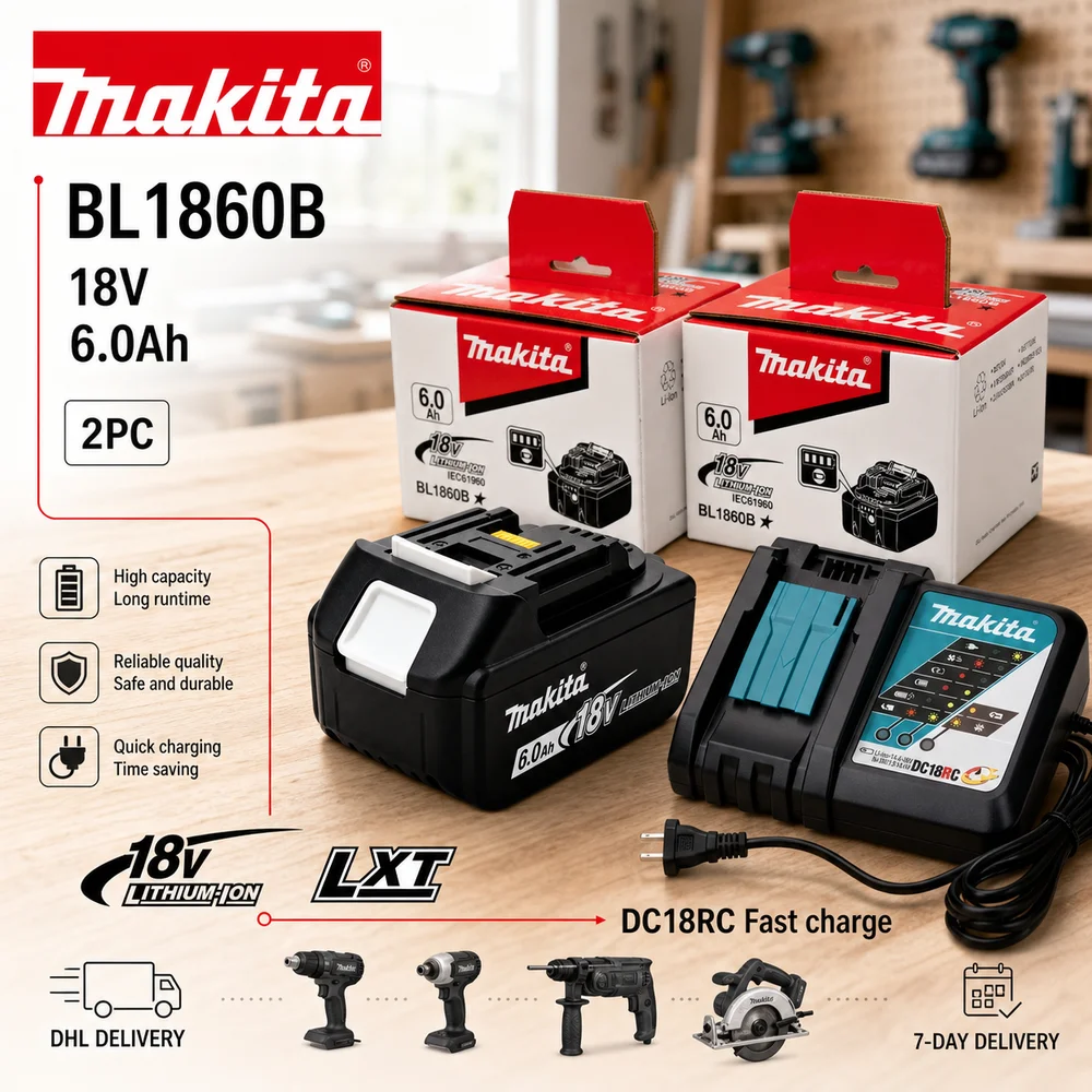 Makita 18V LXT Original BL1860B 6,0Ah Li-Ion-Akku, BL1815N BL1830B BL1850B BL1860 Codes, BDF453SHE BDF454Z BHP452 BML184 Werkzeuge, Akku allein oder DC18RC Schnellladeoptionen, BL1820, BL1840, BML185,