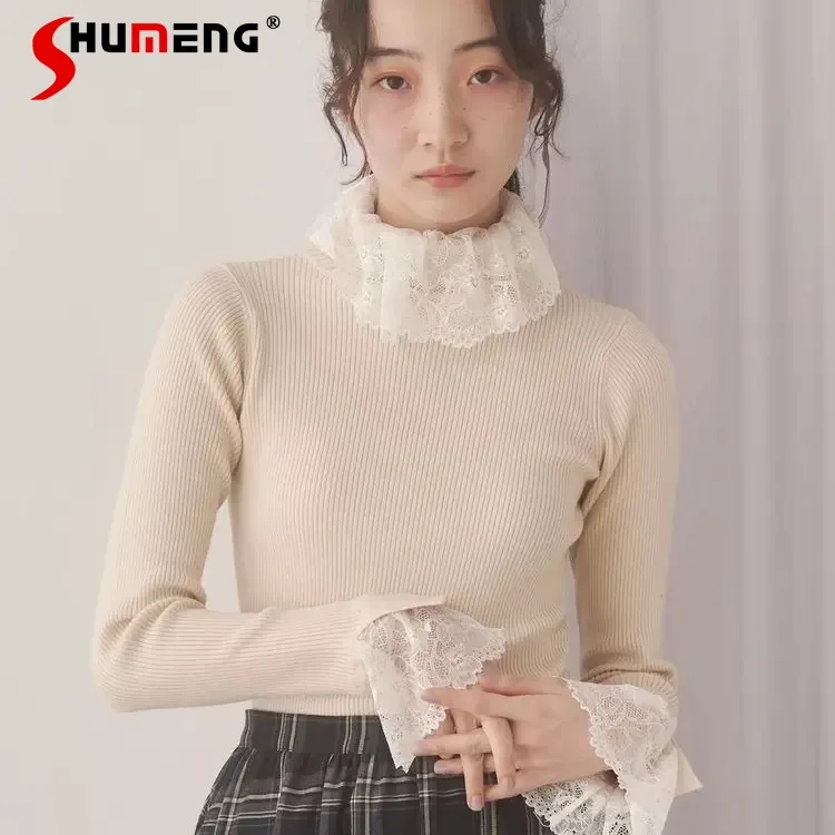 

Spring and Autumn Sweater Japanese Sweet Lace High Neck Sweaters Girls Women Slim Fit Daily Basic Knitted Pullover Tops 2025