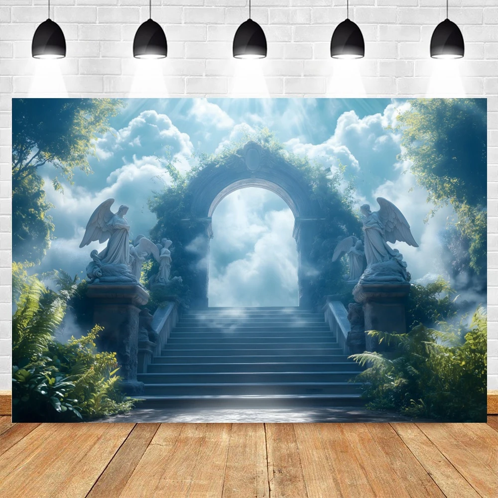 Himmel-Hintergrund, weiße Wolken, Engelsstatue, Treppe, Tür, Ostern, Party, religiöse Aktivitäten, Fotografie-Hintergrund, Fotostudio-Requisiten