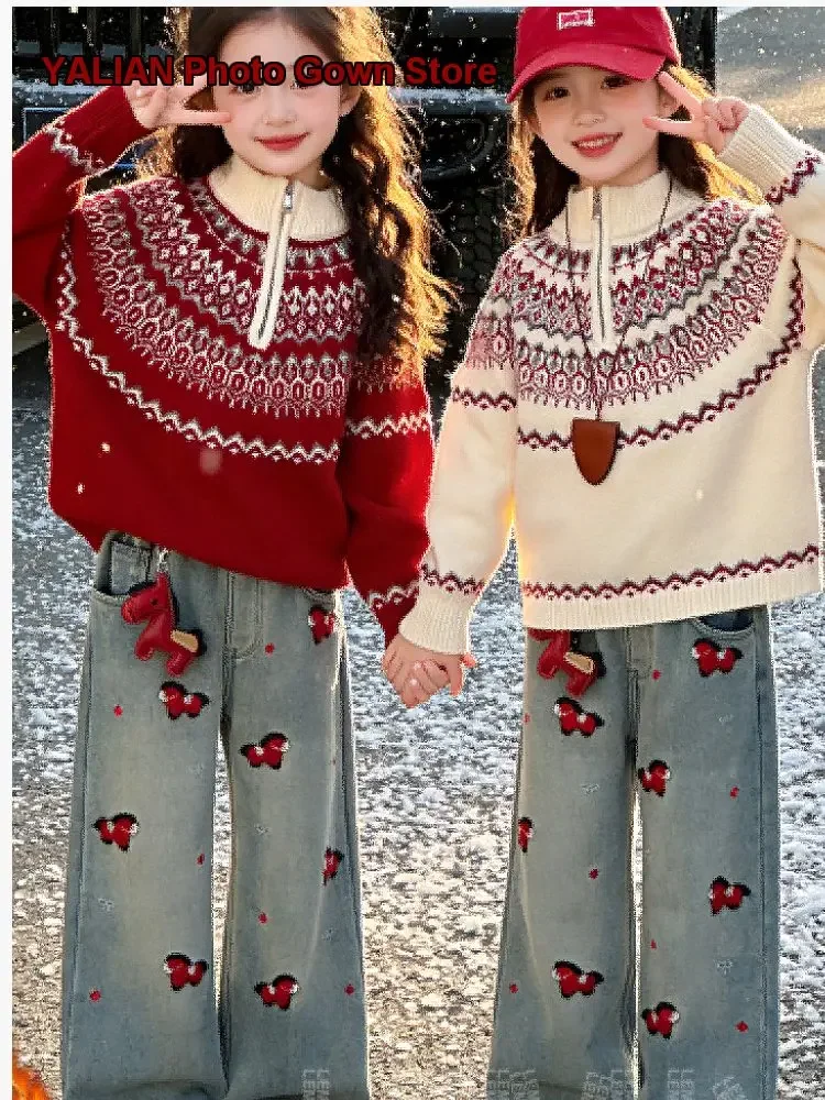 Girls Fair Isle Embroidered Jeans Set 2026 Cashmere Knit Top Zodiac Year Outfit