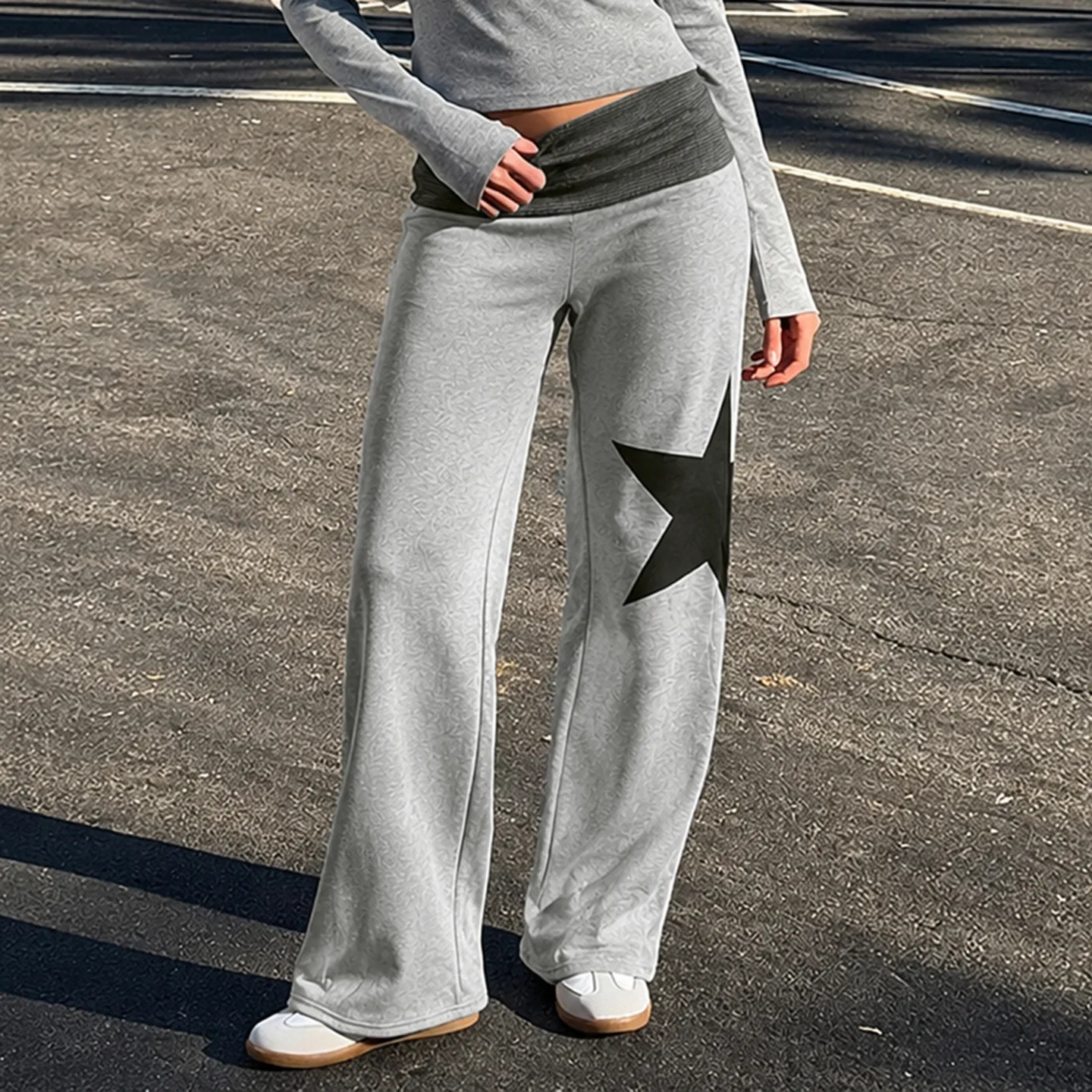 Y2k style retro contrasting color flip waist personality print slim casual trumpet pants