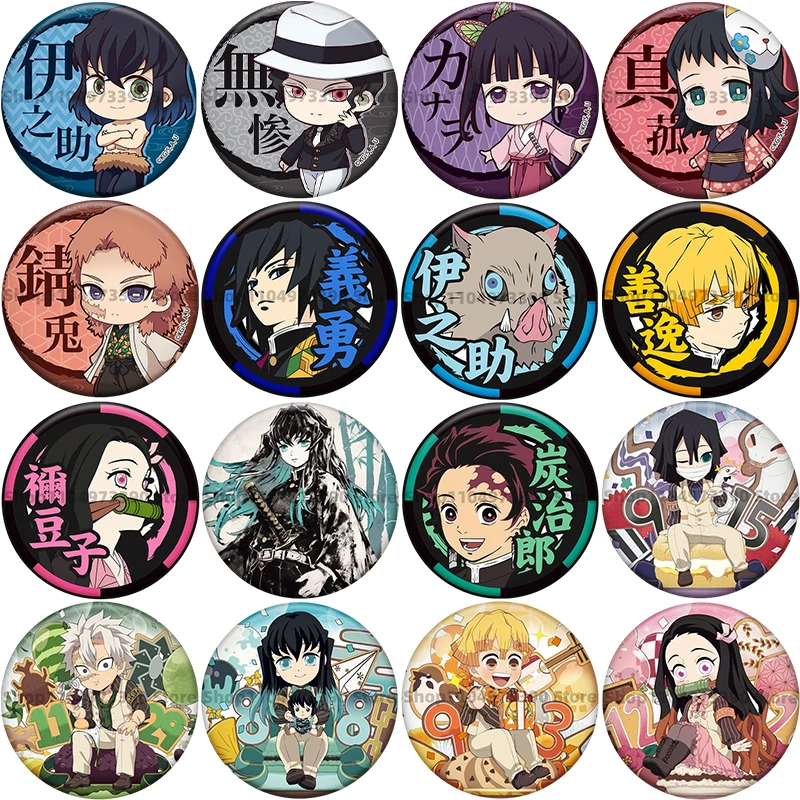 

Cartoon Demon Slayer Badge Button Pin Anime Makomo Sabito Tanjiro Nezuko Kawaii Round Lapel Brooch for Clothes Bag Decor Gift