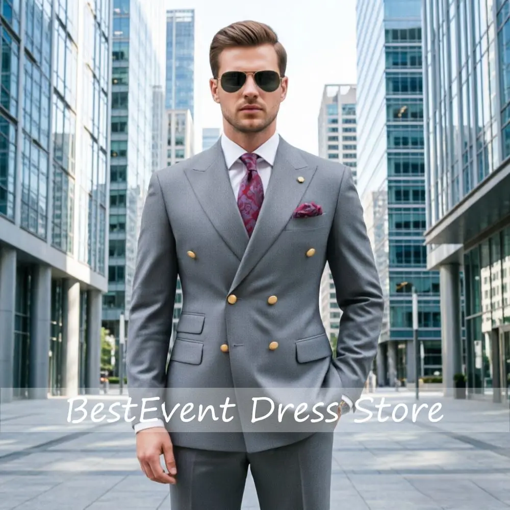 Double Breasted Formal Suits for 2 Piece Wedding Tuxedo Slim Fit with Gold Buttons Blazer Pants for Groom Prom Wear Customized