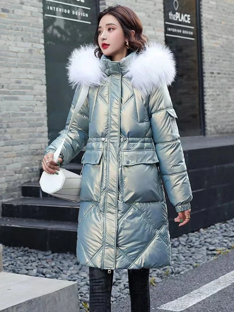 Parkas gruesas con capucha y bolsillos para mujer, abrigos largos elegantes de plumón, ropa de estilo coreano, chaqueta nueva para mamá, invierno,