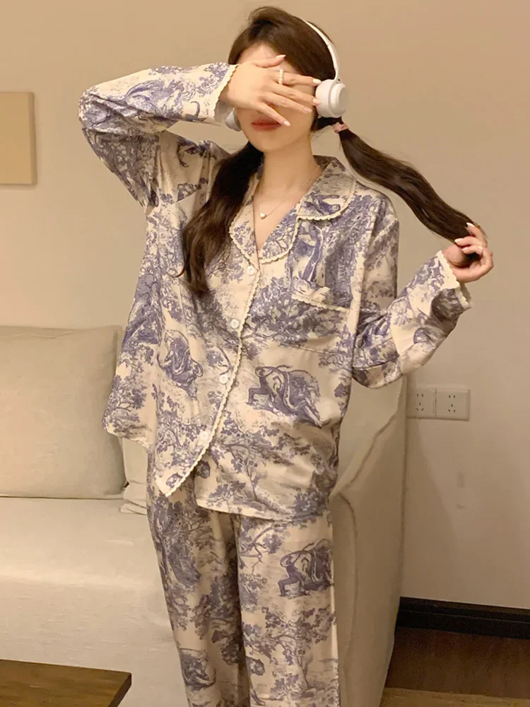 Conjunto de pijama de manga larga para mujer, ropa de dormir con estampado suelto de encaje, estilo chino, tótem Vintage, elegante, otoño e