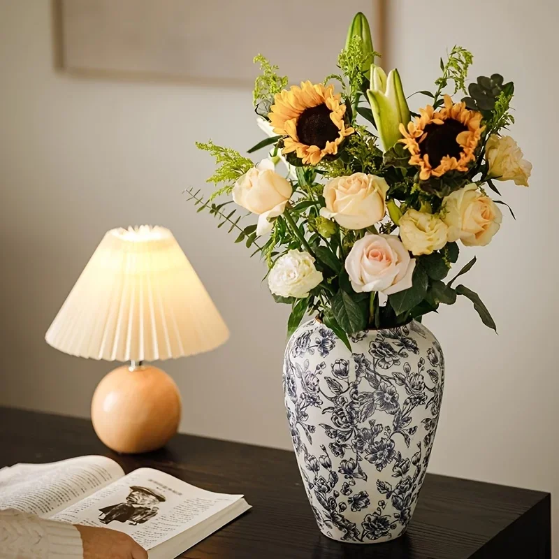 Vintage Handcrafted Ceramic Vase, Traditional Chinese Blue White Cylinder Flower Vase, Exquisite Home, Dining Table Decor