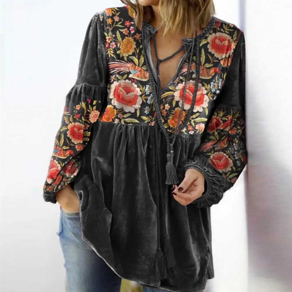 Bohemian Style Top Floral Print V-neck Drawstring Blouse for Women Retro Style Long Sleeve Fall Spring Top with Pleated