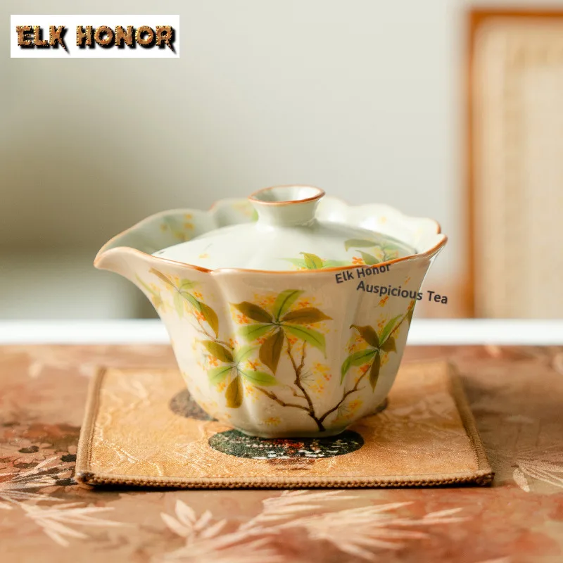 

130ml Plant Ash Hand-grasp Pot Hand-painted Osmanthus Teapot Zen Tea Infuser Pot Tea Brewing Kettle With Strainer Tea Ceremony