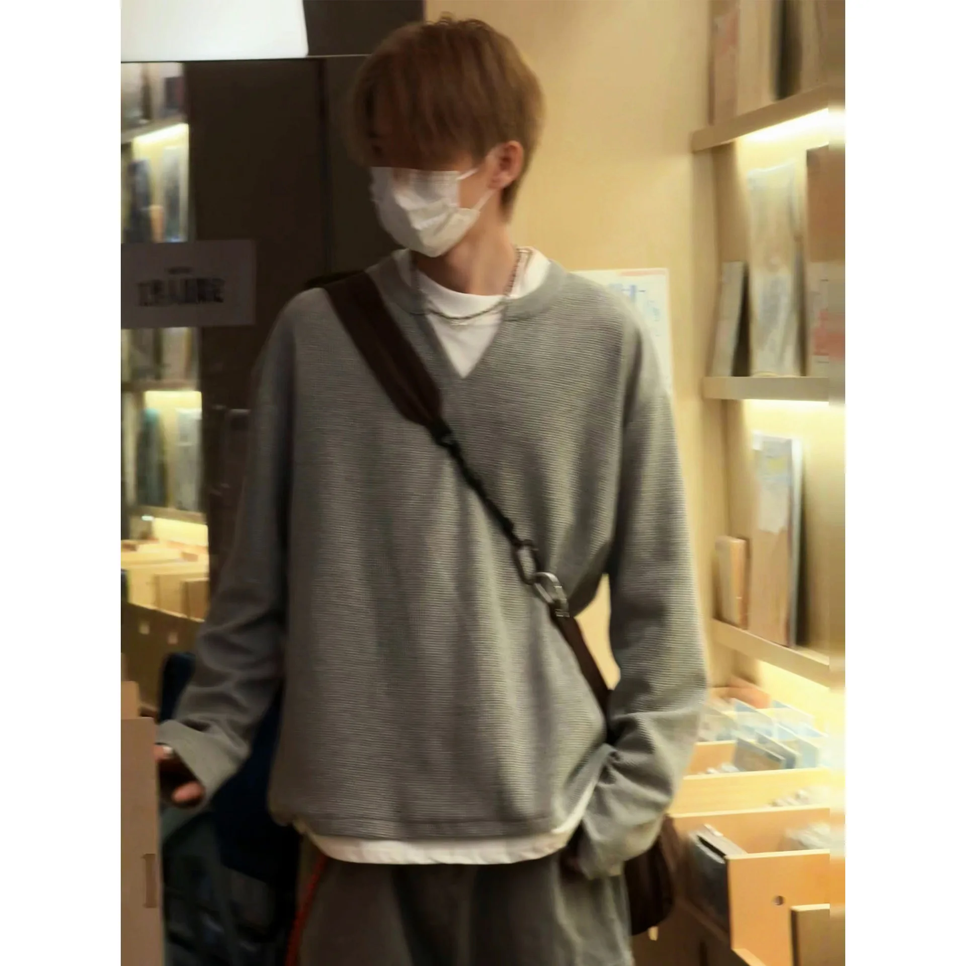 

New Men's Waffle Fake Two-piece Long-sleeved Sweater Men's Fall Loose Casual Trend Versatile Bottoming Shirt Couple Tops for Men
